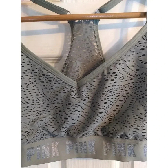 Pink Sport Bra Racer Back Perferated Olive Green Adjustable Straps Sz M - Picture 2 of 7